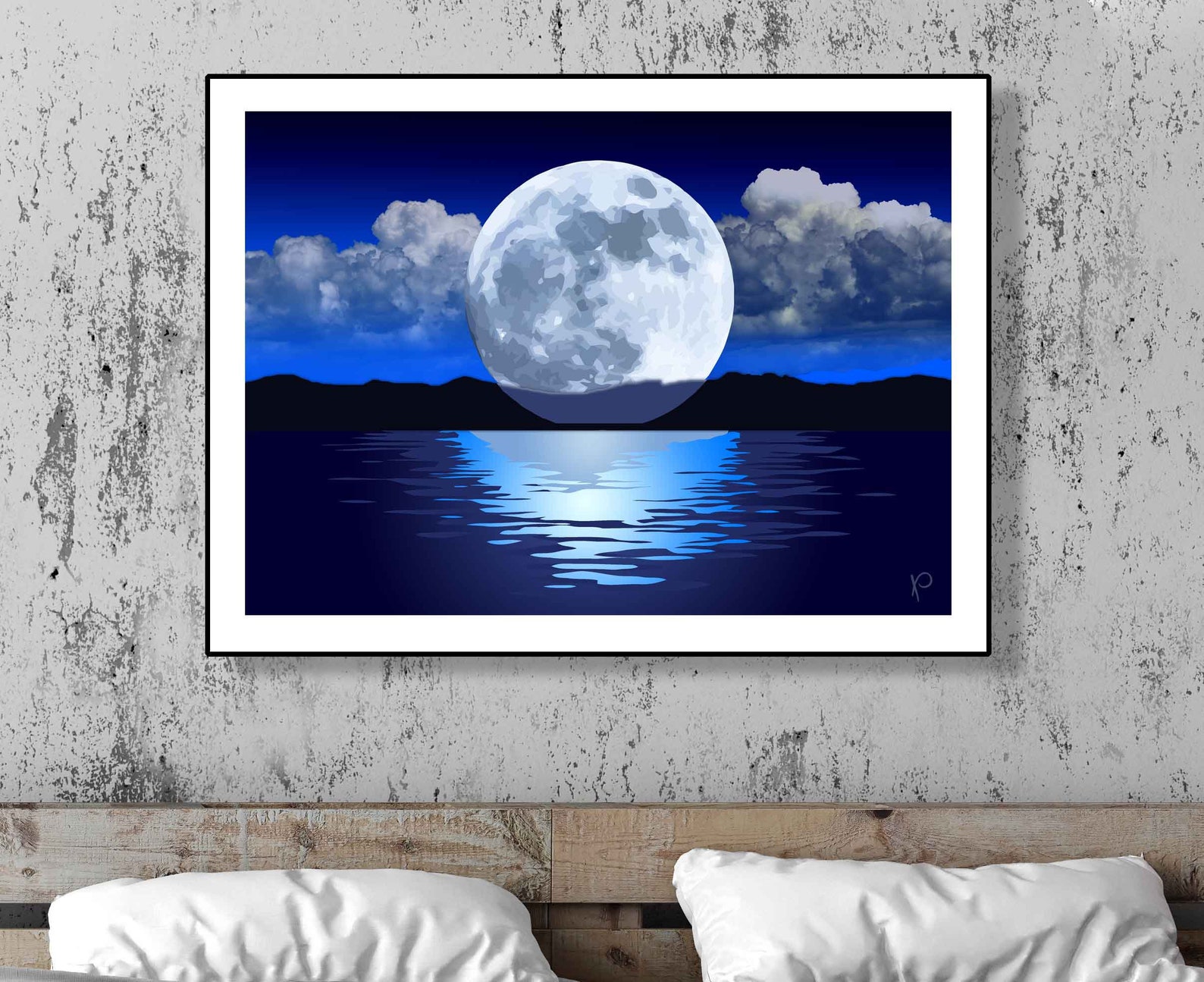 Blue Modern Wall Art Full Moon Night Sea Print Big Canvas Etsy