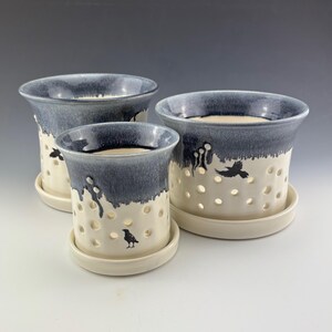 Orchid Pots in Grey Ice with Raven Decal, Please contact seller for accurate shipping charges of mulitiple items, Orchid Pot with Holes