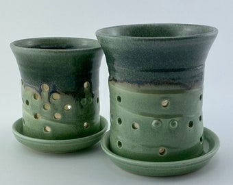 Orchid Pots in Green, Orchid Pot with Holes, Porcelain Orchid Pot with Saucer, Orchid Pot with Unglazed Interior