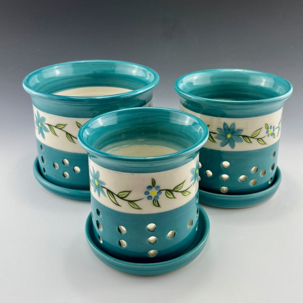 Orchid Pots in Turquoise with Flowers,  Turquoise Orchid Pot with Holes, Porcelain Orchid Pot with Saucer, Orchid Pot with Unglazed Interior