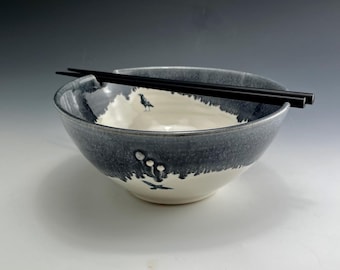 Large Raven Ramen Bowl, Oriental Noodle Bowl with Chopsticks
