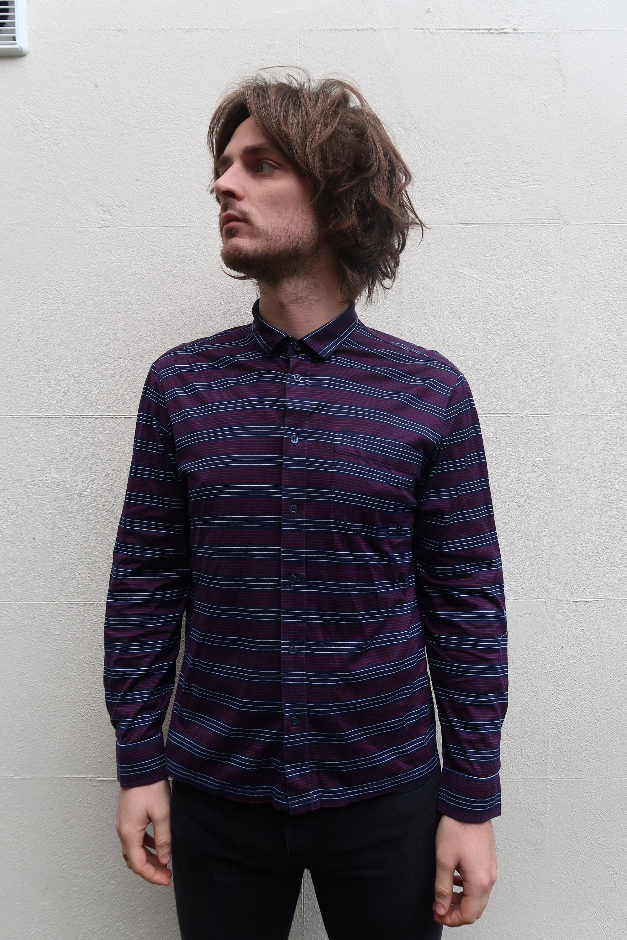 Image of Mens 60S Navy Striped Cotton Long Sleeve Shirt Medium