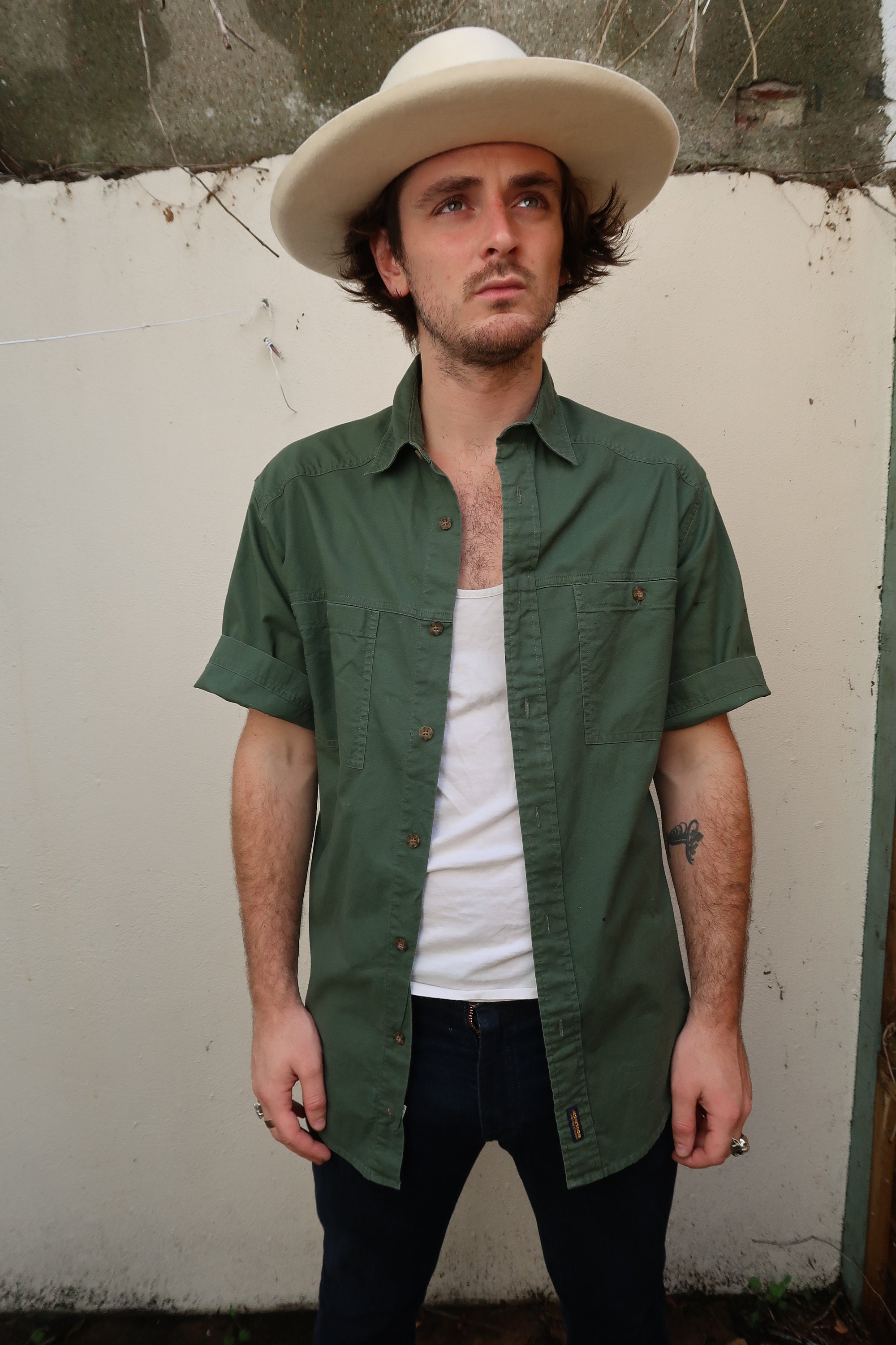 Image of Mens Green Short Sleeve Heavy Cotton Wool Rich Shirt Medium