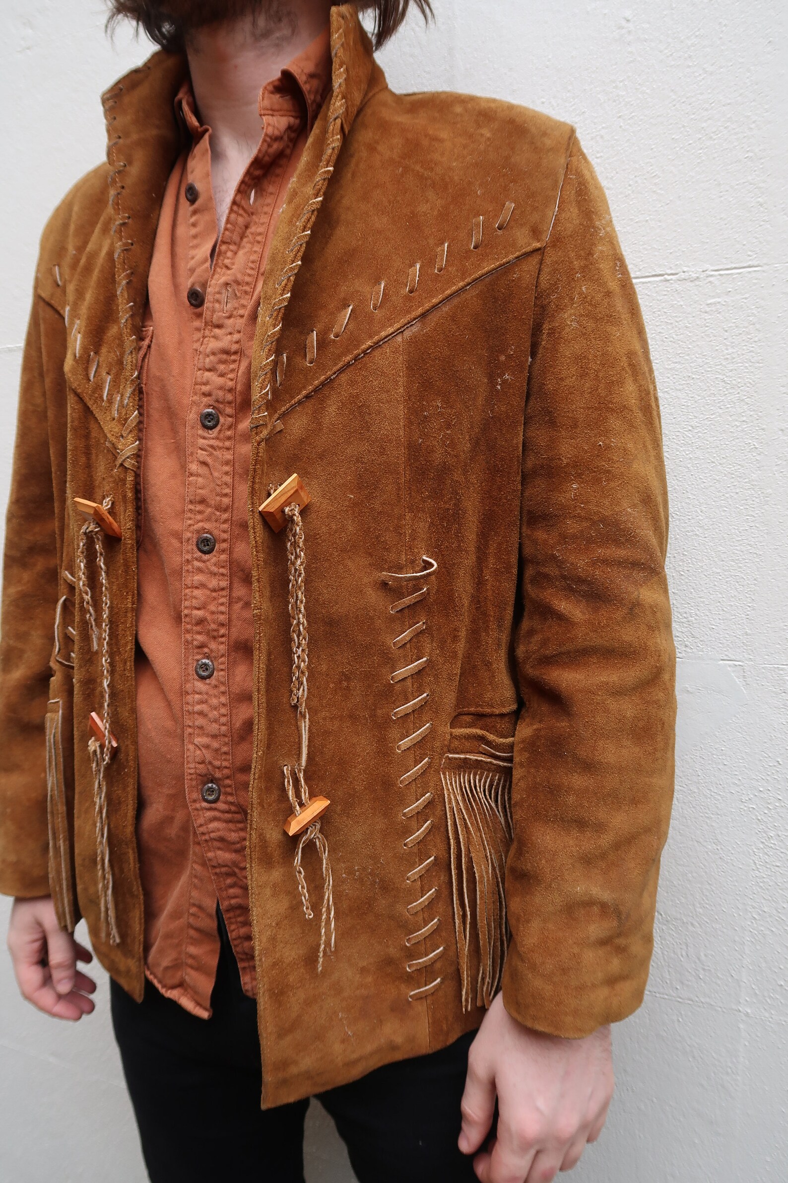 Mens vintage brown 60s suede fitted Mexican tassel jacket coat | Etsy