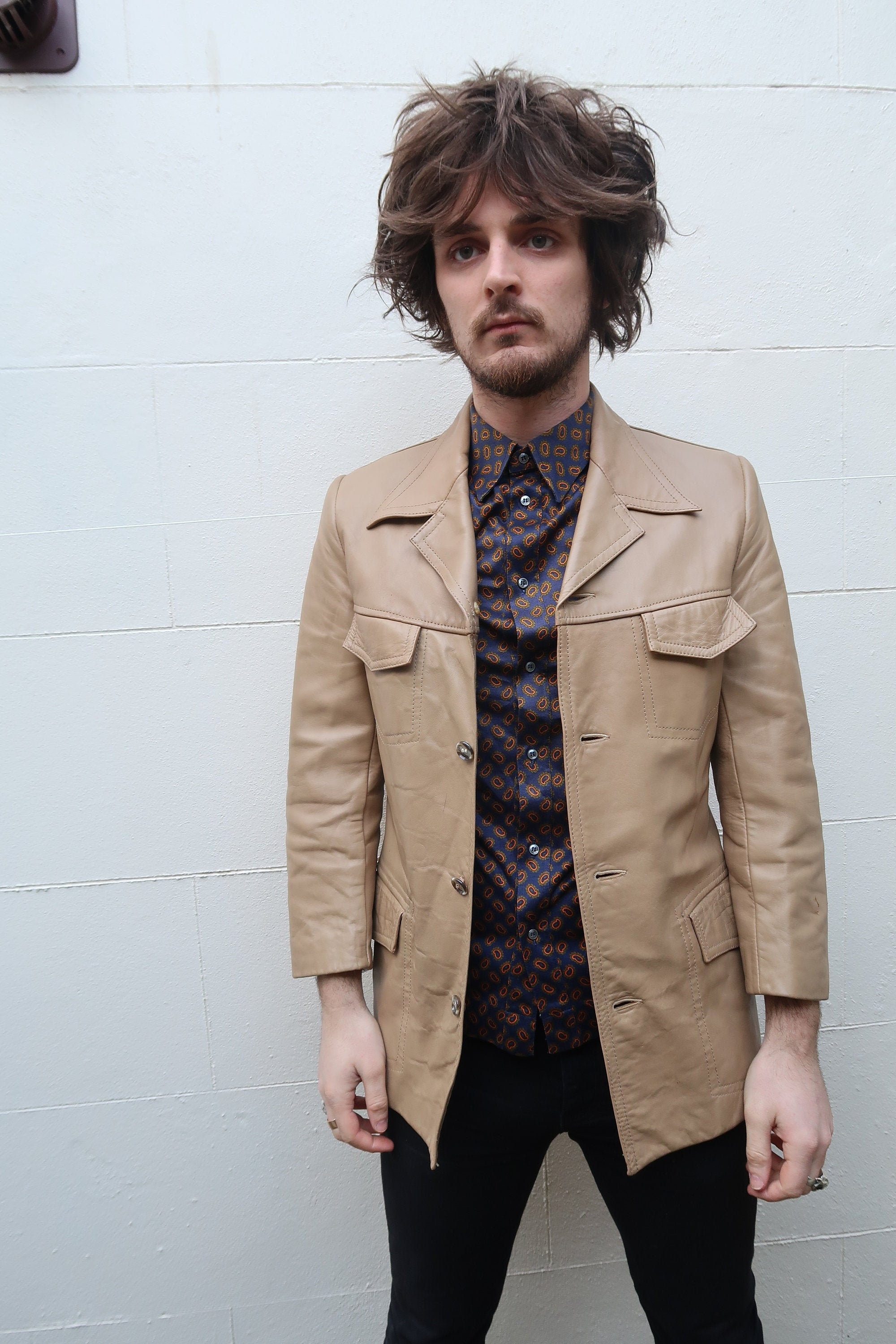Image of Mens Leather 70S Safari Caramel Vintage Jacket Medium
