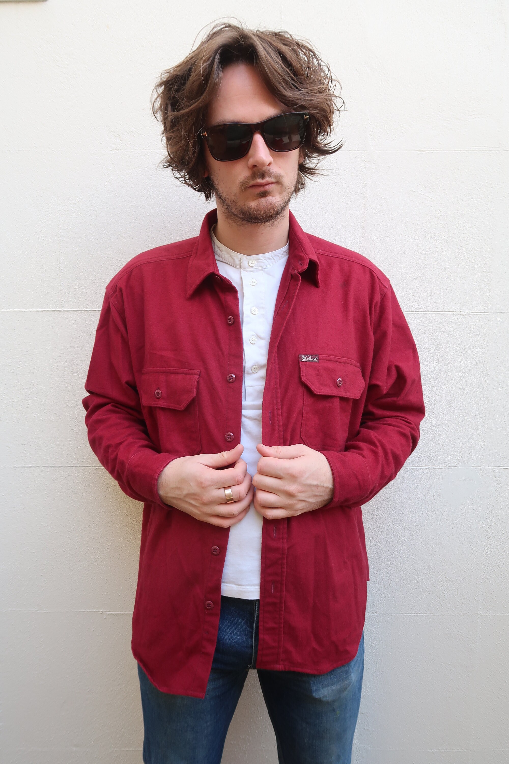 Image of Mens Burgundy Vintage Heavy Cotton Long Sleeve Woolrich Oversize Shirt Xl