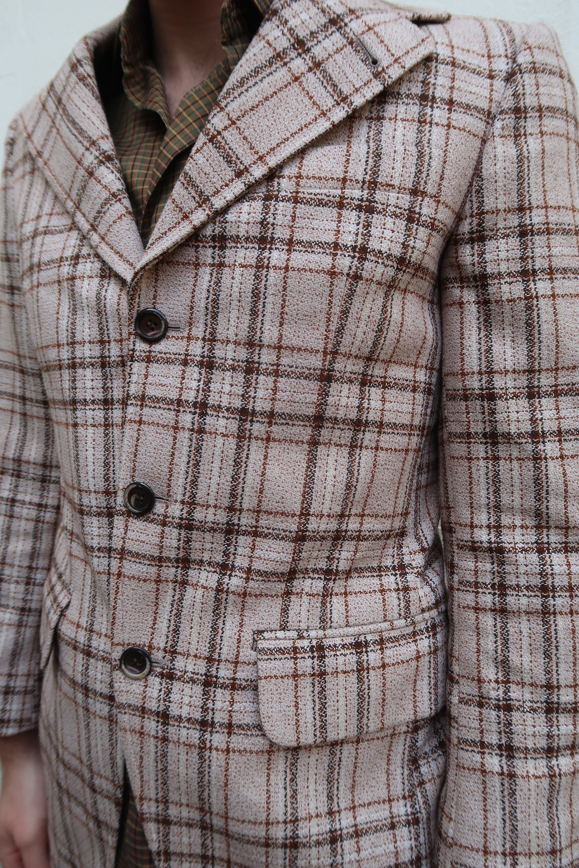 Image of Mens Light Brown 60S Checked Summer Three Button Blazer Jacker Xs
