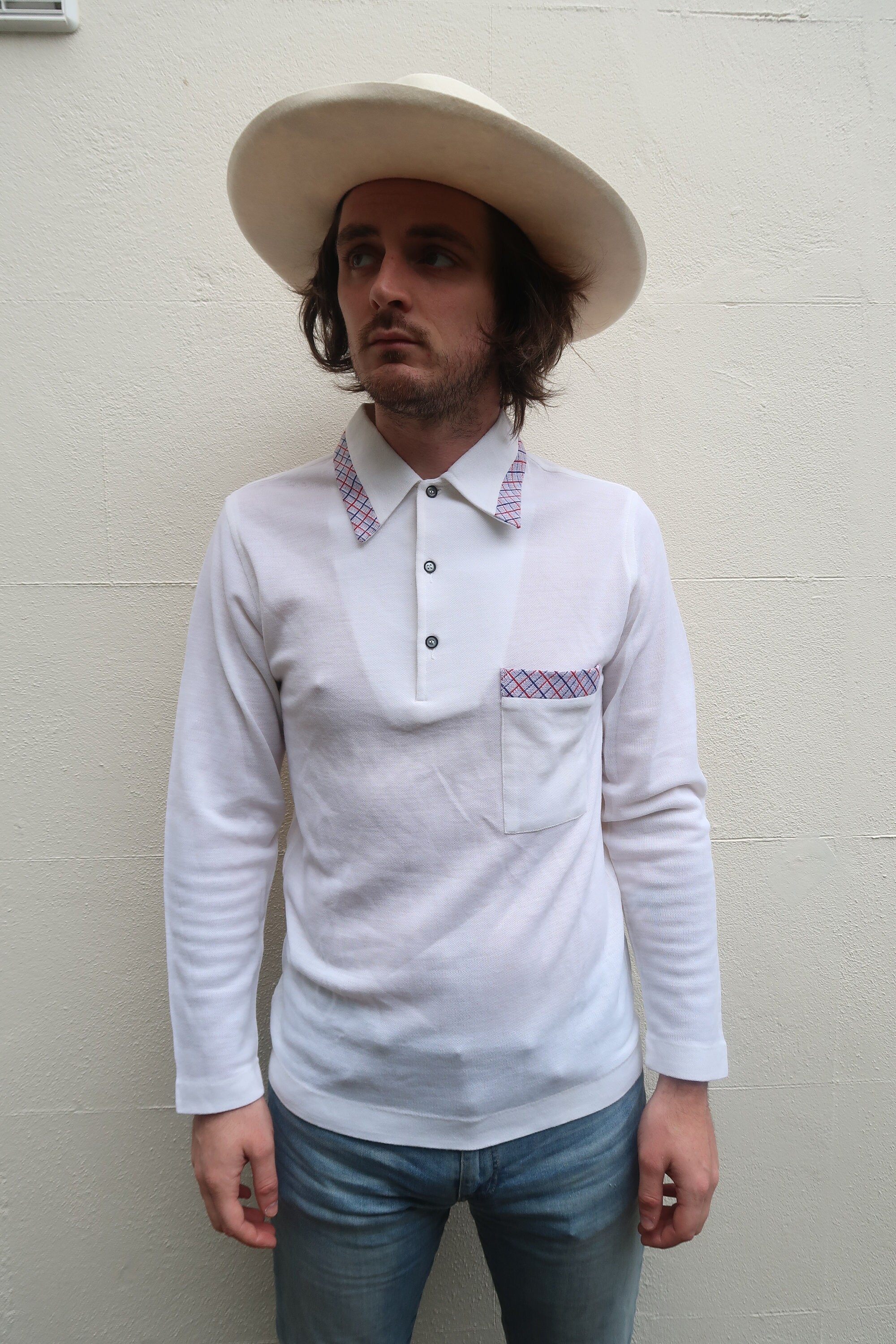 Image of Mens 70's White Long Sleeve Italian Polo Shirt Medium