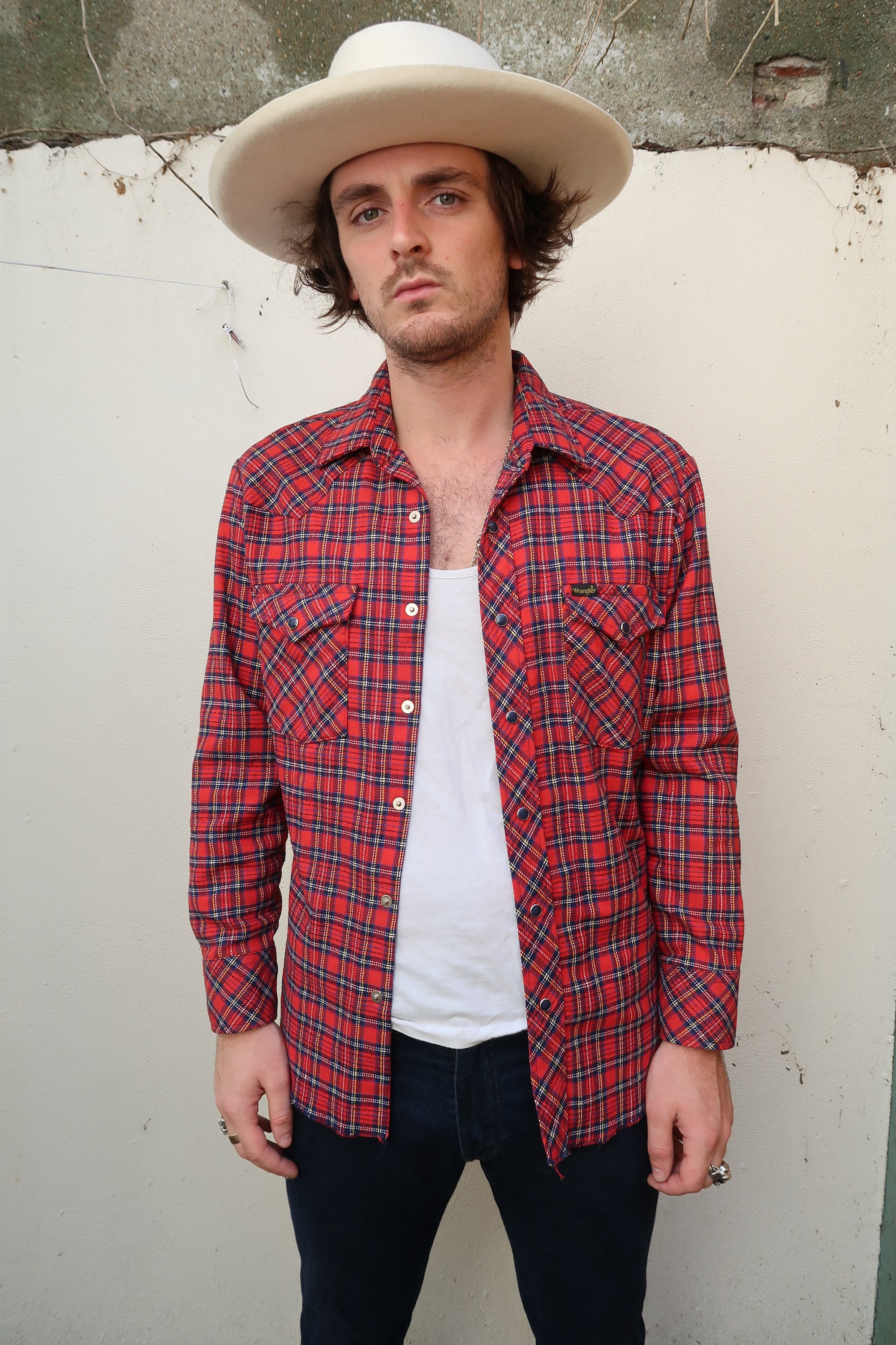 Image of Mens Long Sleeve Tartan Made in Usa Wrangler Western Popper Shirt Large