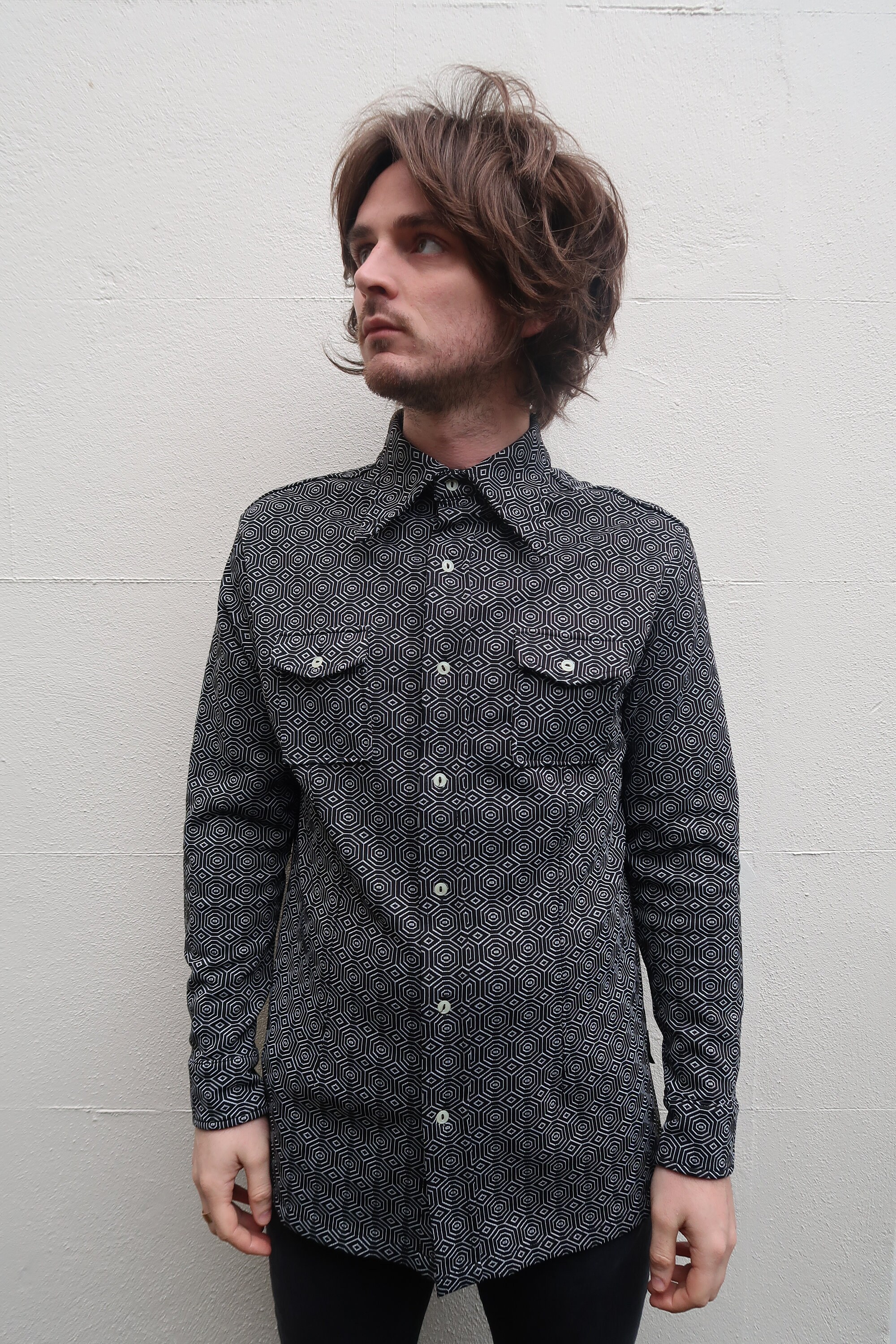 Image of Mens 70S Black Geo Print Long Sleeve Shirt Jacket Large