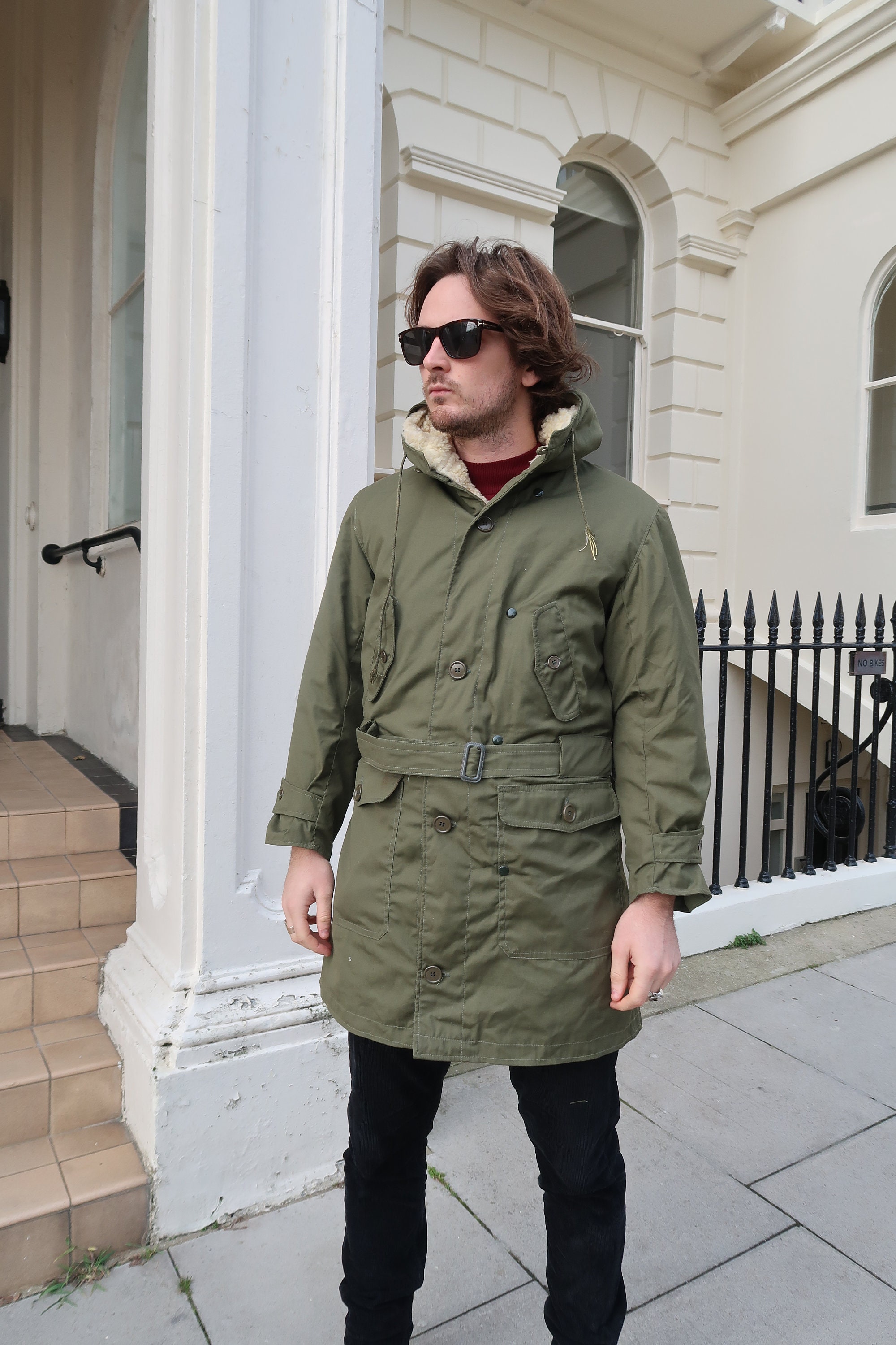 Image of Mens Vintage Green Made in Usa Sherpa Lined 60's Belted Parka Jacket Coat Small