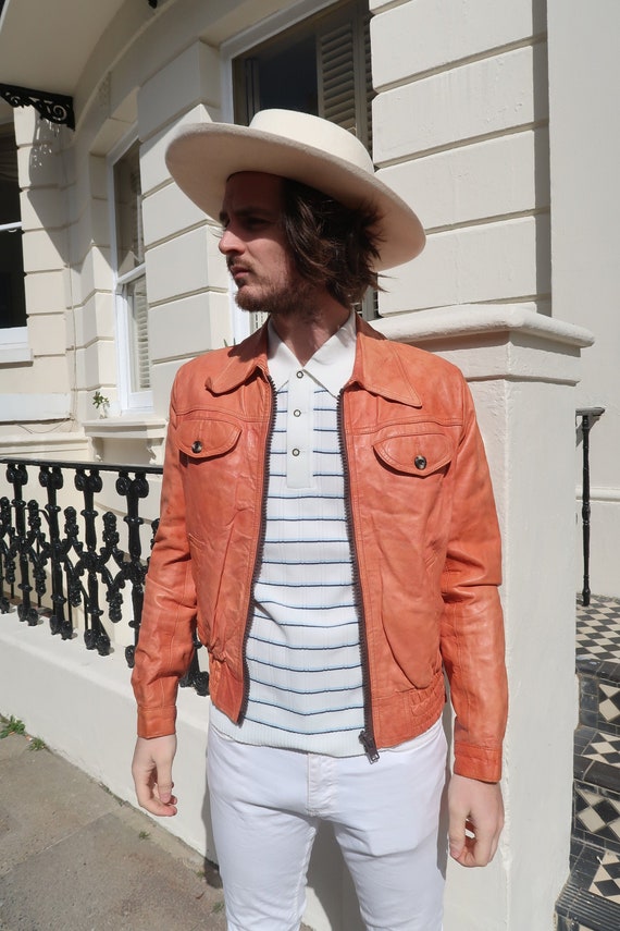 Mens orange 70s zip up leather bomber jacket mediu