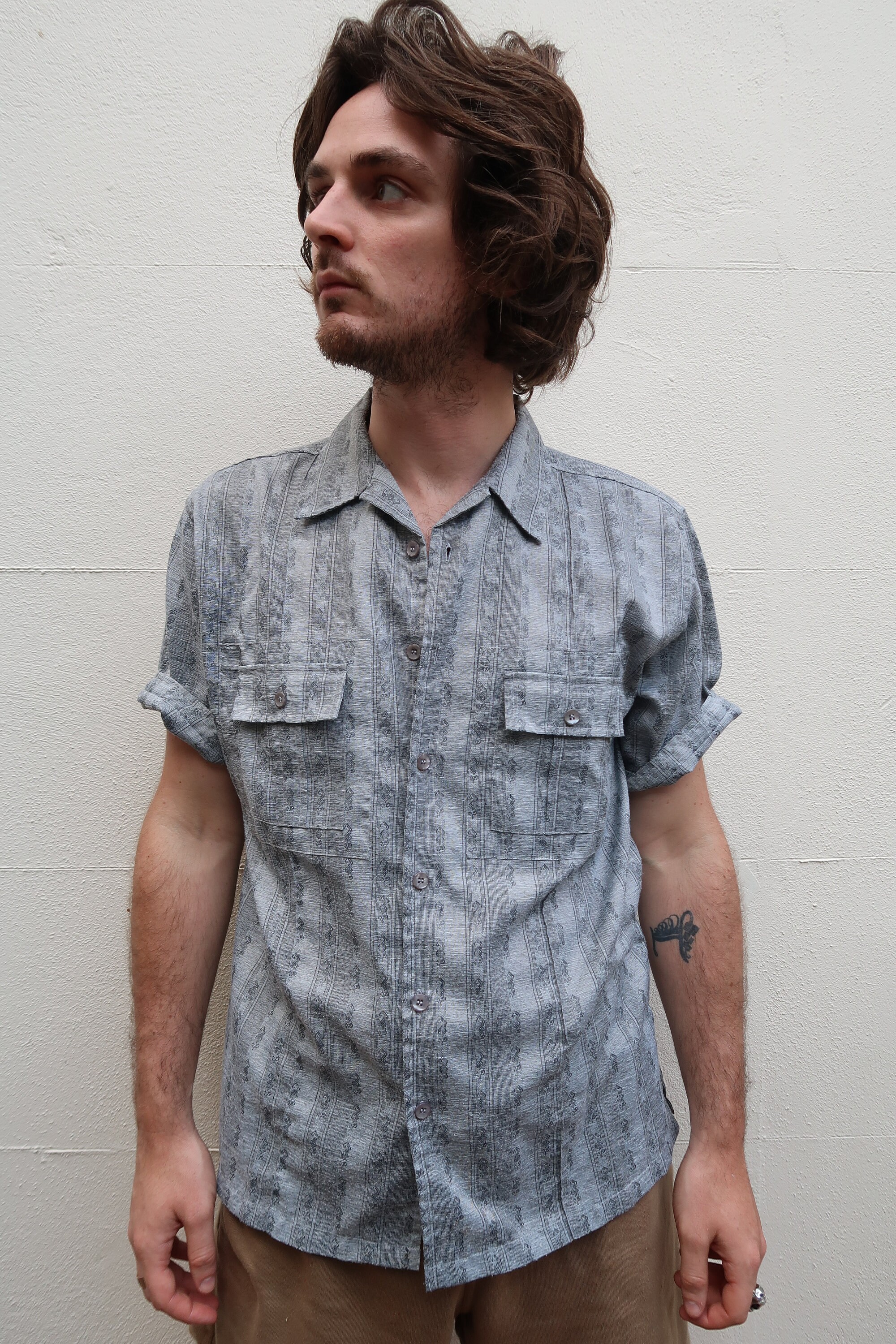 Image of Mens Grey Floral Long Sleeve Grandad Collar Cotton Shirt Medium