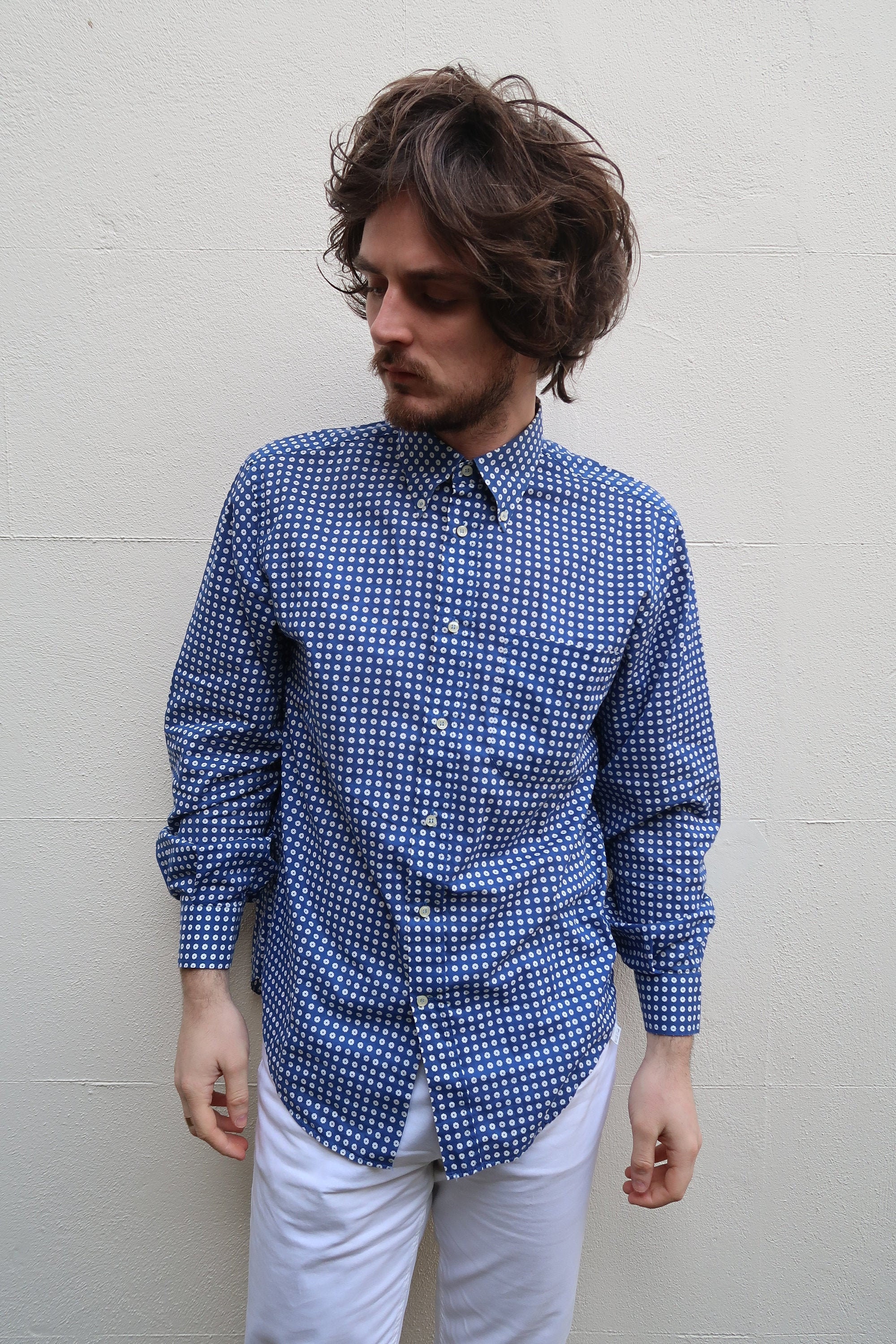 Image of Mens 60S Button Down Blue Floral Shirt Size Large