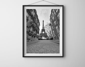 Impressão artística da Torre Eiffel de Paris - Arte de parede em preto e branco - Fotografia de rua de Paris