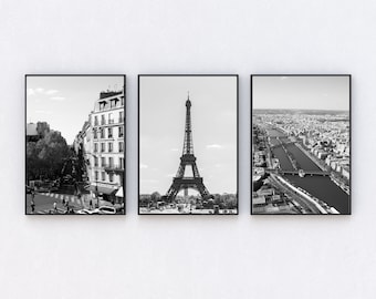 Paris Print 3er Set, Eiffelturm Fotografie, Schwarz-Weiß-Galeriewandkunst
