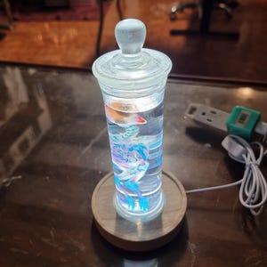 Könnte beinhalten: Ein klares Glasgefäß mit Deckel, das eine farbenfrohe, abstrakte Skulptur enthält. Das Gefäß steht auf einem Holzsockel mit Licht. Die Skulptur im Inneren weist Farbtöne von Blau, Rosa und Weiß auf. Das Gefäß ist zylindrisch und hat eine abgerundete Oberseite.