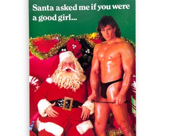 Bondage Humor Joke Card Sexy Beefcake Hunk Photo Vintage 1980s Xmas Christmas Greeting Card Unused Gay Interest Naughty Holiday Joke Gift