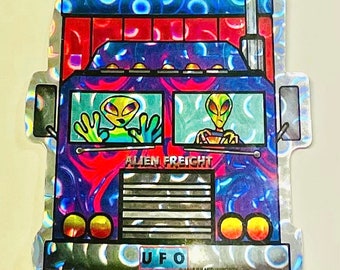 90s ALIEN Sticker Trucker Vintage Big Rig Holographic Truck Rave Sticker Peace Keep on Truckin Unused Novelty Decal Psychedelic UFO gift