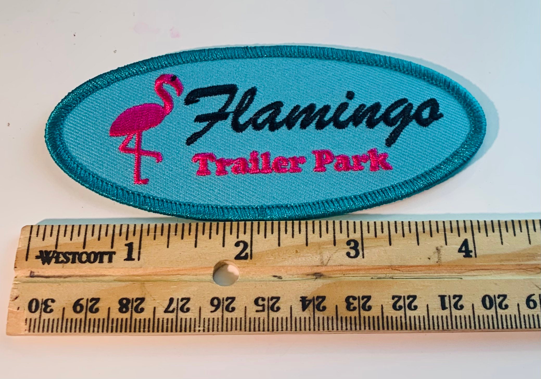 Flamingo Trailer Park Applique Patch Iron on Teal and Pink 