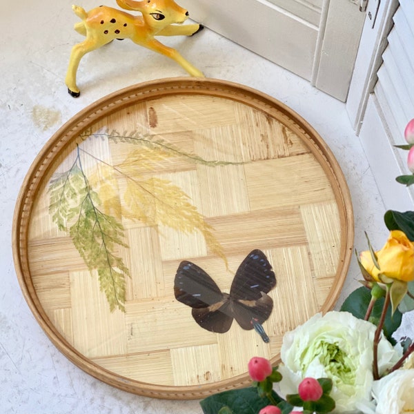 70s Pressed Butterfly Tray // Vintage Bamboo Tray // Boho Home // 70s Home