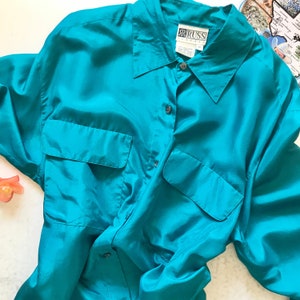 Russ Classic Teal Blouse// Vintage 80s-90s// 100% Silk// Size Medium