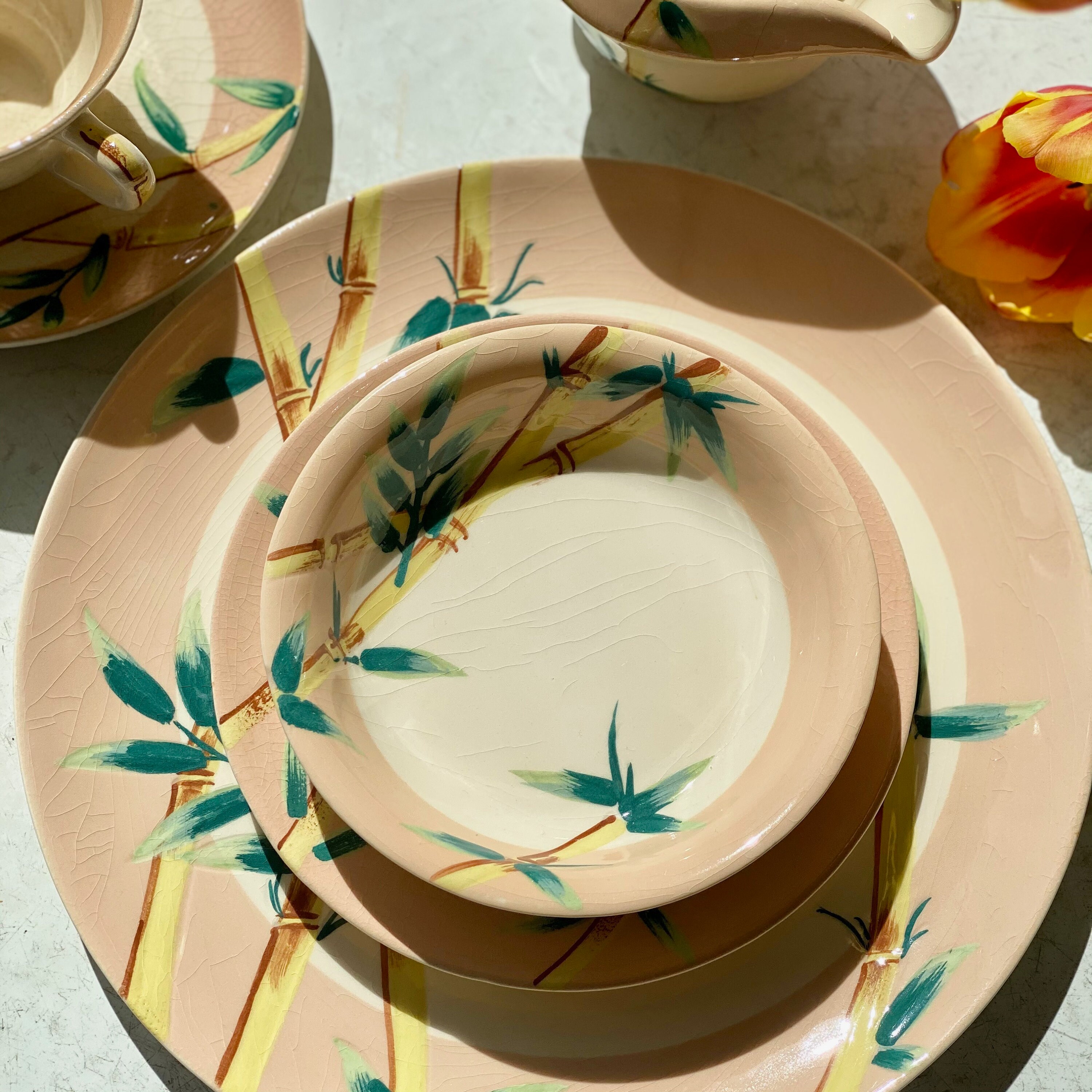 【Lavender様リクエスト】フランスヴィンテージ マーガレット皿 小 4点 Set of 5 Bowls // Weil Ware in the Malay Bambu (bamboo
