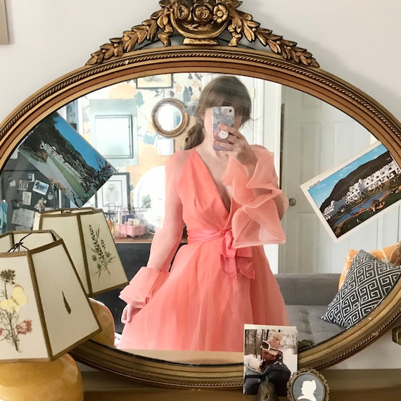 Chiffon Sarmi Gown// Vintage 70s Peach Gown// Size