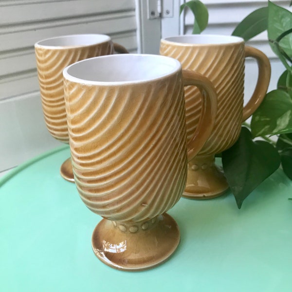 MCM Brown Ceramic Pedestal Mugs// Set of 3// Delicate Swirl Pattern