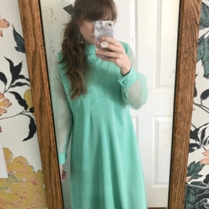 Green Mynette Gown with Sheer Sleeves// Vintage 70s// Floor Length// Mint Green image 2