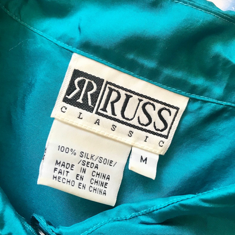 Russ Classic Teal Blouse// Vintage 80s-90s// 100% Silk// Size Medium image 6