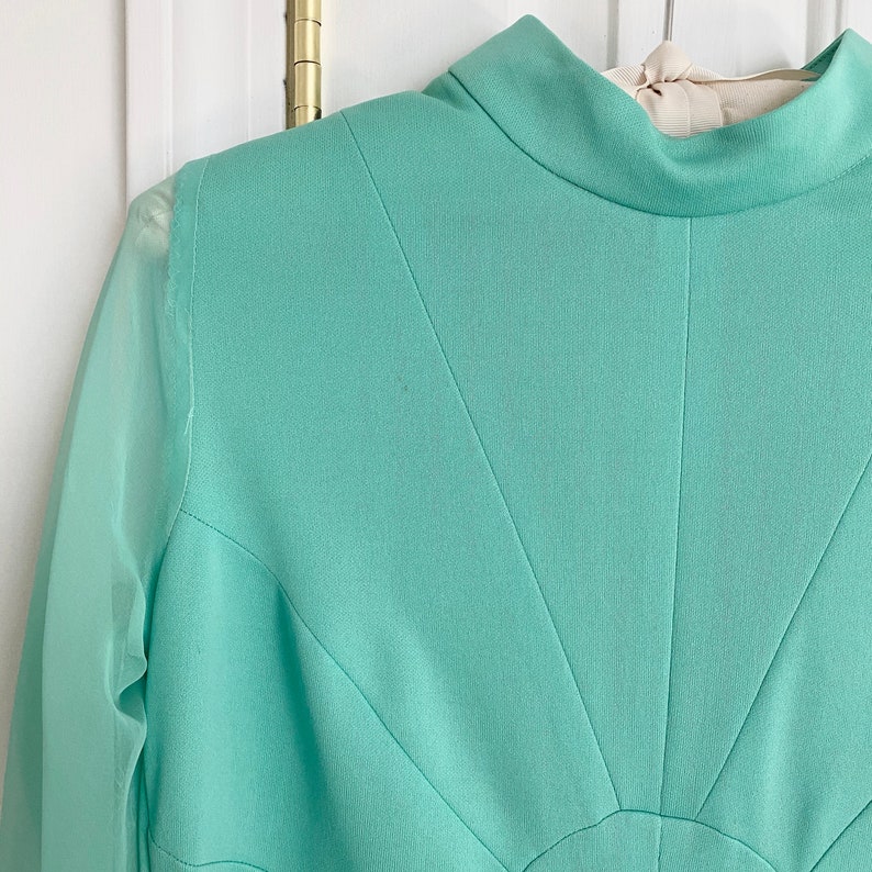 Green Mynette Gown with Sheer Sleeves// Vintage 70s// Floor Length// Mint Green image 5