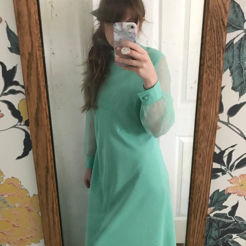 Green Mynette Gown with Sheer Sleeves// Vintage 70s// Floor Length// Mint Green image 9