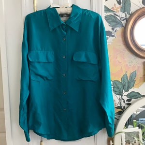 Russ Classic Teal Blouse// Vintage 80s-90s// 100% Silk// Size Medium image 5