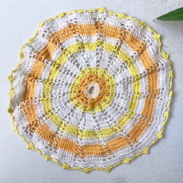 70s White, Yellow & Orange Crocheted Doily// Vintage Decor