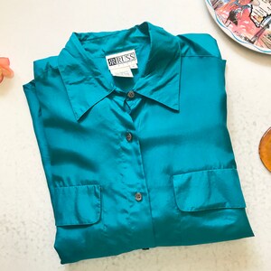 Russ Classic Teal Blouse// Vintage 80s-90s// 100% Silk// Size Medium image 3