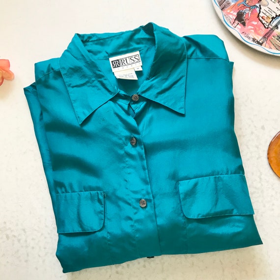 Russ Classic Teal Blouse// Vintage 80s-90s// 100%… - image 3
