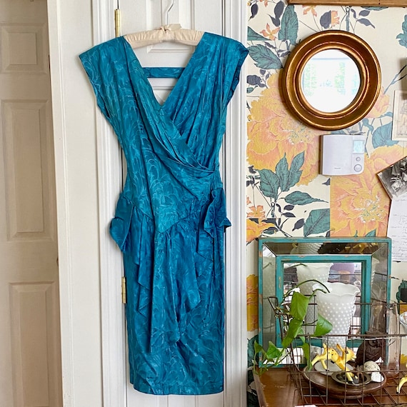 Vintage 80s Sea Green Cocktail Dress: Acetate Peplum, Keyhole Back