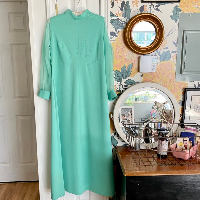 Green Mynette Gown with Sheer Sleeves// Vintage 70s// Floor Length// Mint Green image 4