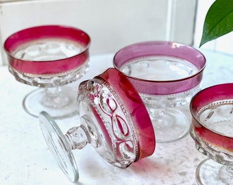 Tiffin King's Crown Coupe or Sherbet Glasses // Set of 4 // Tiffin Franciscan // Cranberry Flashed Rim // Mid Century Glassware