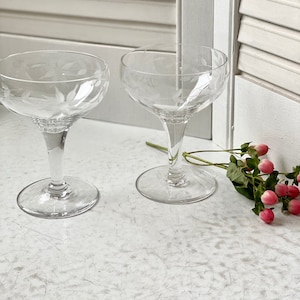 Vintage Etched Coupe Glasses - Set of 2 - Mid Century Barware