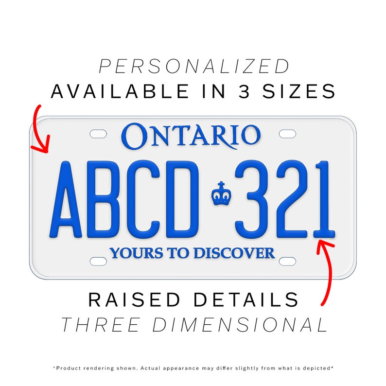 May include: A white personalized Ontario license plate with blue lettering that reads "ABCD-321" and the text "Yours to Discover". The plate is available in three sizes and has raised details.