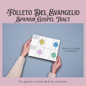 Op de afbeelding: Een witte folder met een raster van gele, blauwe, roze en groene smiley's, tegen een blauwe achtergrond. De tekst "FOLLETO DEL EVANGELIO SPANISH GOSPEL TRACT" staat bovenaan. De zin "Archivo JPG para la impresión" is ook zichtbaar.