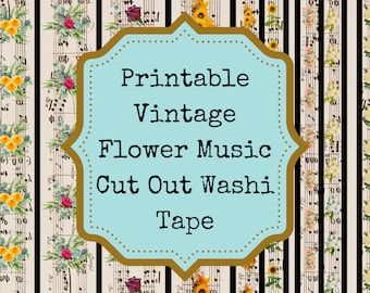 Vintage Flower, Music Washi, Washi Tape, Music Digital, Instant Download, Printable Washi