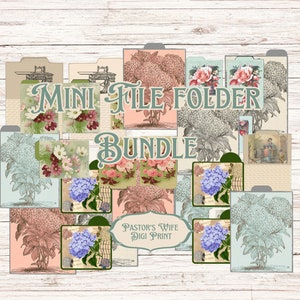 May include: A set of printable mini file folders with floral designs. The folders feature various floral patterns, including hydrangeas, roses, and other blooms. The text "Mini File Folder Bundle" is displayed in a green banner. The text "Pastor's Wife Digi Print" is also included.
