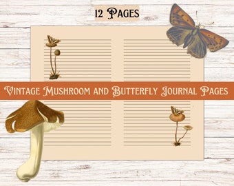 Mushroom Journal Pages, Vintage Mushrooms and Butterflies, Mushroom Paper, Vintage Theme Paper,  Instant Download