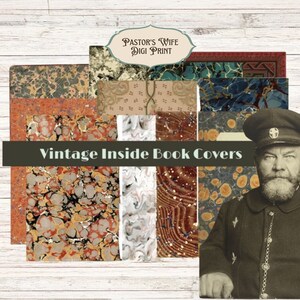 Puede incluir: Una colección de cubiertas interiores de libros antiguos con varios diseños veteados y estampados en tonos naranja, marrón, azul y crema. La imagen incluye una ilustración vintage de un hombre con uniforme y el texto "Vintage Inside Book Covers".