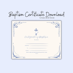 Certificado de bautismo, certificado de bautismo con cruz y paloma, certificado de bautismo imprimible, certificado de bautismo azul