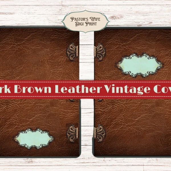 Junk Journal Cover, Vintage Dark Brown Leather Book Cover Digital Printable Instant Download