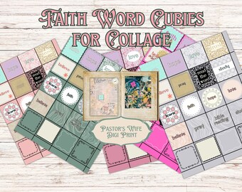 Faith Word Cubies For Collage, Collage Cubes, Tear Off Collage Pads, Digital Collage, Digital Collage Squares, Religious Collage Elements